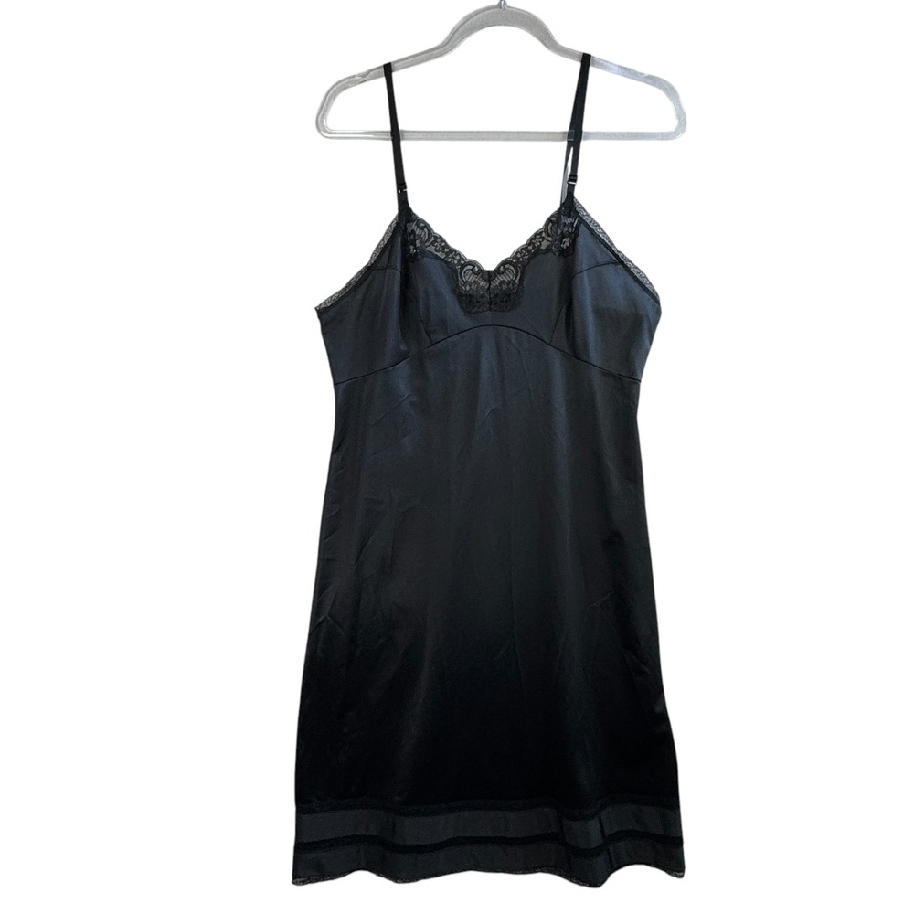 Adonna JCPenney Black Nylon Lace Slip Dress Vtg Lingerie Sz 38 M Y2K Whimsygoth‎